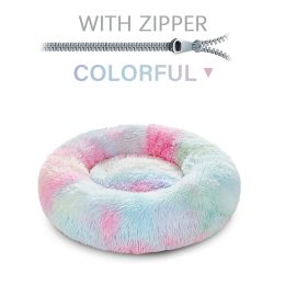 Fluffy Donut Dog Bed  Warm Soft Long Plush Pet Cushion Dog House Cat  Bed Washable Pet Sofa Mat Calming Samll Large Dog Beds (Option: XL-Colorful with zipper)