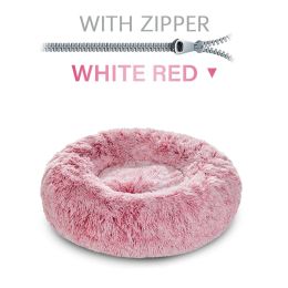 Fluffy Donut Dog Bed  Warm Soft Long Plush Pet Cushion Dog House Cat  Bed Washable Pet Sofa Mat Calming Samll Large Dog Beds (Option: XL-WhiteRed with zipper)