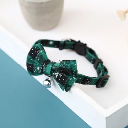 Christmas Snowflake Plaid Bow Bell Cat Collar (Color: green)