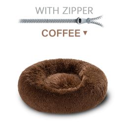 Fluffy Donut Dog Bed  Warm Soft Long Plush Pet Cushion Dog House Cat  Bed Washable Pet Sofa Mat Calming Samll Large Dog Beds (Option: S-Coffee with zipper)