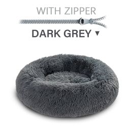 Fluffy Donut Dog Bed  Warm Soft Long Plush Pet Cushion Dog House Cat  Bed Washable Pet Sofa Mat Calming Samll Large Dog Beds (Option: XL-Dark Grey with zipper)