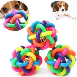 Pet Dog Puppy Cat Colorful Rubber Training Chew Ball Small Bell Squeaky Sound Play Toy Dog Bite Resistant Ball Dog Accessories (Color: as the picture)