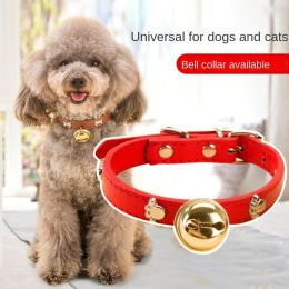 Leather Pet Collars Pet paw print bone alloy bell collar dog collar Best Santa Xmas Gifts cat collar (Color: black, size: L)