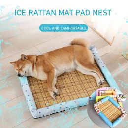 Breathable Pet Puppy Cooling Mat Bed Summer Protection Cervical Spine Cat Dog Ice Mat Square Rattan Kennel Supplies (Color: green, size: 50cm*40cm*7cm)