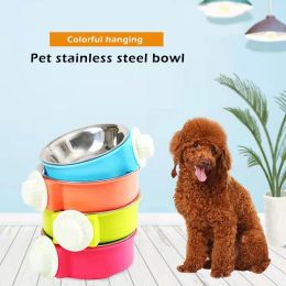 Pet Stainless Steel Bowl Hanging Cage Type Fixed Cute Dog Basin Cat Supplies Puppy Food Drinking Water Feeder Pets Accessories (Color: green, size: 13cm)