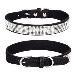 Pet Collar Shiny Artificial Rhinestone Dog Collar For Puppy And Cat; Microfiber Cat Collar (Color: black, size: S)