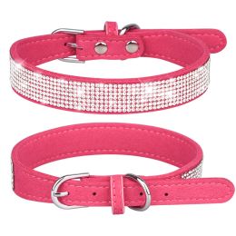 Pet Collar Shiny Artificial Rhinestone Dog Collar For Puppy And Cat; Microfiber Cat Collar (Color: Rose red, size: XS)