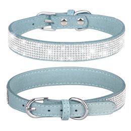 Pet Collar Shiny Artificial Rhinestone Dog Collar For Puppy And Cat; Microfiber Cat Collar (Color: Light Blue, size: XS)