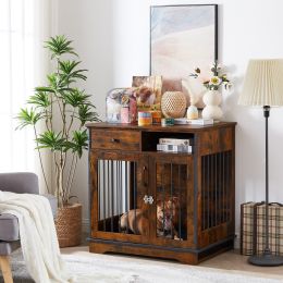 Dog crates; indoor pet crate end tables; decorative wooden kennels with removable trays.(Rustic Brown; 32.28''W*22.83''D*33.46''H) (Quantity: 1)