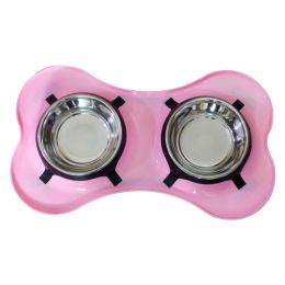 Bone Shaped Plastic Pet Double Diner with Stainless Steel Bowls; Pink and Silver (Color: as Pic)