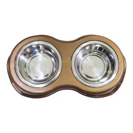 Plastic Framed Double Diner Pet Bowl in Stainless Steel; Large; Gold and Silver (Color: as Pic)