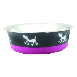 Stainless Steel Pet Bowl with Anti Skid Rubber Base and Dog Design; Large; Gray and Pink (Color: as Pic)