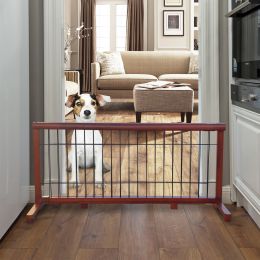 Wooden dog gate; free standing wire mesh pet gate; expandable; MAHOGANY (Color: as Pic)