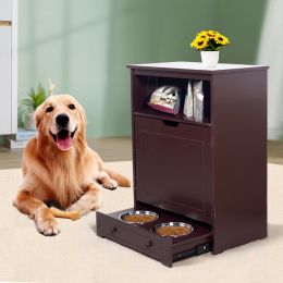 Pet Feeder Station with Storage; Made of MDF and Waterproof Painted; Dog and Cat Feeder Cabinet with Stainless Bowl (Color: as Pic)