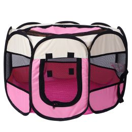 Folding Dog House Octagonal Cage Pet Cage Portable Pet Tent Large Dogs House (Color: Pink, size: L 114x114x58 cm)