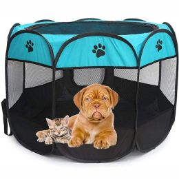 Folding Dog House Octagonal Cage Pet Cage Portable Pet Tent Large Dogs House (Color: Blue, size: S 74x74x43 cm)