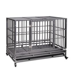 Heavy-Duty Metal Dog Kennel, Pet Cage Crate with Openable Flat Top and Front Door, 4 Wheels (Color: black)