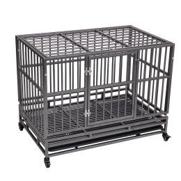 37"L x 29"H Heavy Duty Metal Dog Kennel Cage Crate with 4 Universal Wheels, Openable Flat Top and Front Door, Black (Color: black)