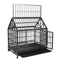 Heavy-Duty Metal Dog Kennel, Pet Cage Crate with Openable Pointed Top and Front Door, 4 Wheels, 42.5"L x 28.3"W x 44"H (Color: black)