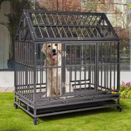 37"L x 41"H Heavy Duty Metal Dog Kennel Cage Crate with 4 Universal Wheels, Openable Pointed Top and Front Door, Black (Color: black)