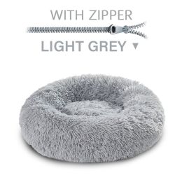 Fluffy Donut Dog Bed  Warm Soft Long Plush Pet Cushion Dog House Cat  Bed Washable Pet Sofa Mat Calming Samll Large Dog Beds (Option: XL-Light Grey with zipper)