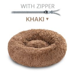 Fluffy Donut Dog Bed  Warm Soft Long Plush Pet Cushion Dog House Cat  Bed Washable Pet Sofa Mat Calming Samll Large Dog Beds (Option: XL-Khaki with zipper)